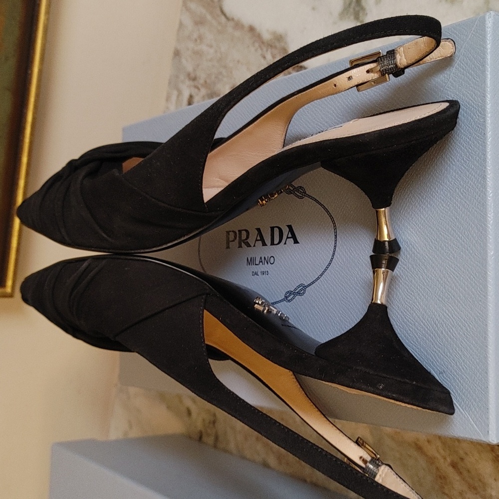 Prada Camoscio Black Suede Sling Back Size 40 - Picture 11 of 12